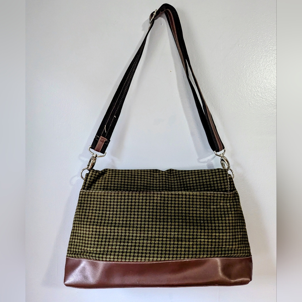 Y2K Vintage Tommy Hilfiger Wool & Leather Houndstooth Messenger Bag Brown Green - Picture 3 of 13